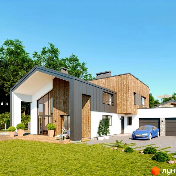 Котеджне містечко OZON Village. Будинок з білим фасадом, дерев'яною та металевою обробкою, великими вікнами та гаражем. Прибудинкова територія з газоном та доріжками.