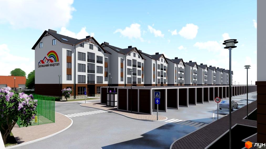 Зовнішній вигляд новобудови ЖК Затишний квартал з паркінгом та прибудинковою територією. Сучасна архітектура та доглянутий двір.
