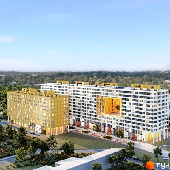 Житловий комплекс Truskavetska Apart Hall: два будинки, один жовтий, інший білий з помаранчевим вирізом, оточені зеленою територією.