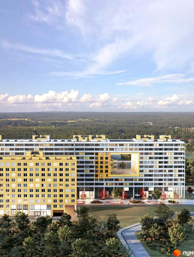 Багатоповерхова будівля Truskavetska Apart Hall з жовтими та білими фасадами, що має великий наскрізний отвір з внутрішнім двором. Навколо зелені насадження та пішохідні доріжки.