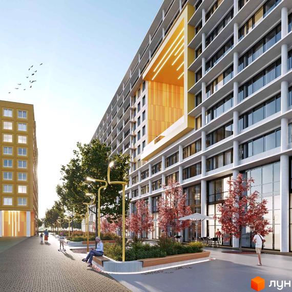 Truskavetska Apart Hall: Фасад багатоповерхового будинку з великим жовтим порталом та панорамними вікнами, поруч алея з зеленими насадженнями та місцями для відпочинку.