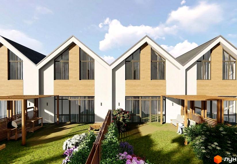 Котеджне містечко Екохаус: ряд будинків з білими фасадами, дерев'яною обшивкою та великими вікнами. Перед ними зелений газон, квіти та дерев'яні тераси.