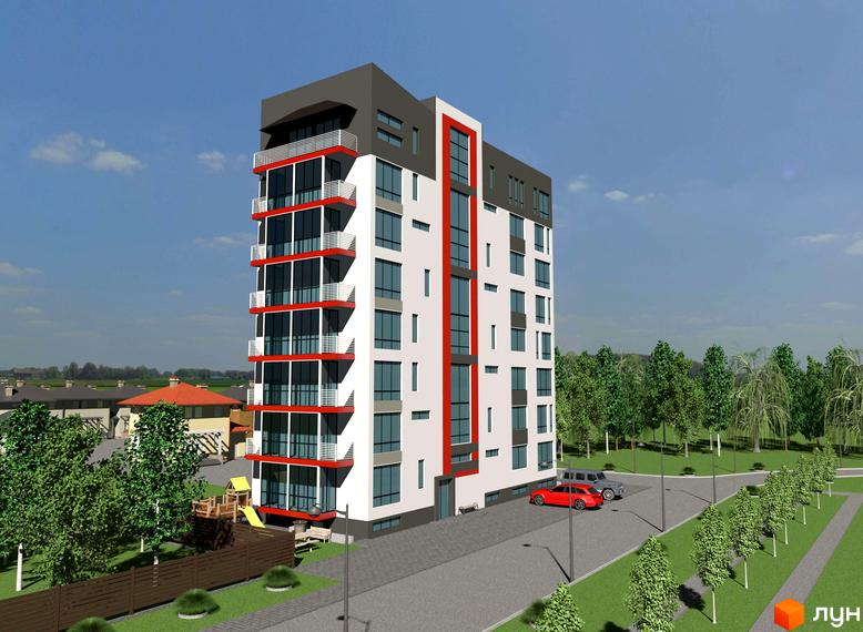 Житловий комплекс Excellent House: будинок з білими, сірими фасадами та червоними акцентами. Прибудинкова територія з дитячим майданчиком та зеленню.