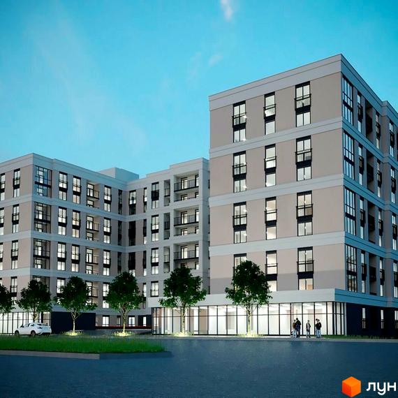 Багатоповерховий будинок Житловий комплекс Агора з великими вікнами та вхідною групою. На території є дерева та газон, перед будинком асфальтована дорога.