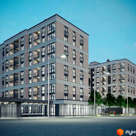 Багатоповерховий будинок Житловий комплекс Агора з панорамними вікнами та балконами. На прибудинковій території висаджені дерева та розташовані ліхтарі.
