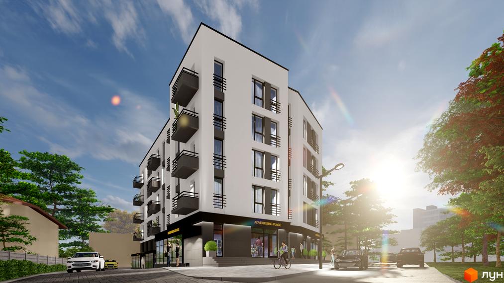 Багатоповерховий будинок Житлового комплексу на Шпитальній з білим фасадом та темними балконами. На першому поверсі комерційні приміщення, поруч дорога та зелені дерева.