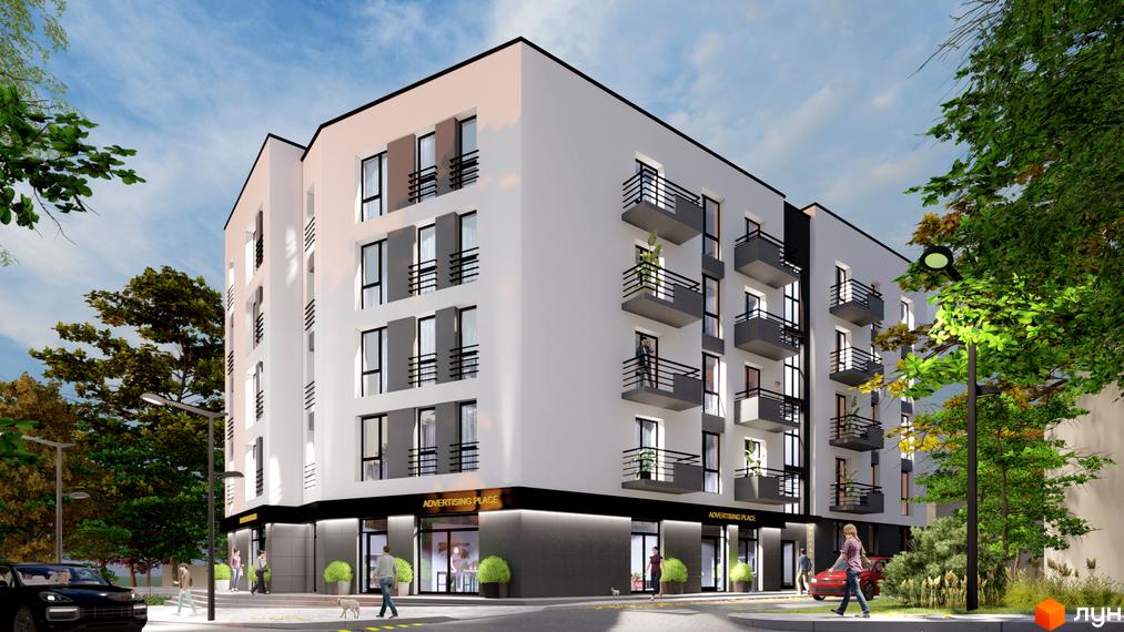 Житловий комплекс на Шпитальній: багатоповерховий будинок з білим фасадом, темними балконами та магазинами. Навколо зелені дерева, ліхтарі та люди.