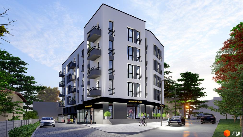 Багатоповерхова новобудова з балконами та комерційними приміщеннями на першому поверсі. На прибудинковій території є парковка, зелені насадження та пішохідна зона.