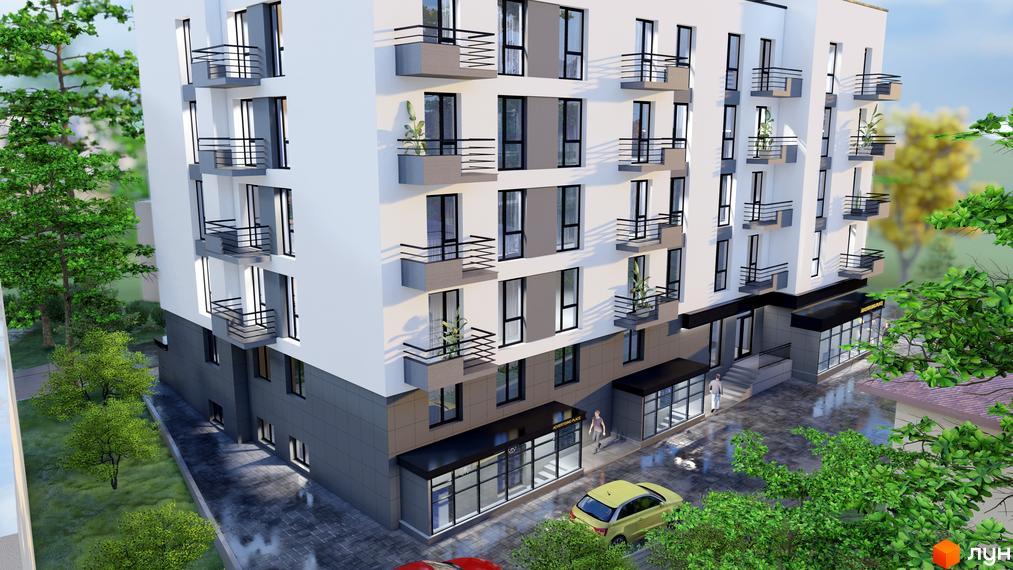 Зображення ЖК на Шпитальній. Багатоповерховий будинок з балконами та скляними вхідними групами, поруч зелені насадження та місця для паркування.