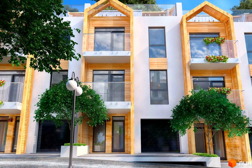 Зовнішній вигляд триповерхових будинків Royal Estate з дерев'яними елементами та скляними балконами. Навколо будинків зелені дерева та елементи ландшафтного дизайну.