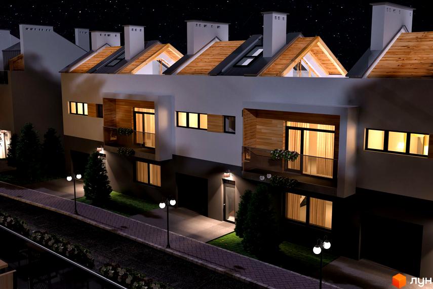 Житловий комплекс Royal Estate: сучасні таунхауси з дерев'яними елементами фасаду та затишною прибудинковою територією з освітленням.