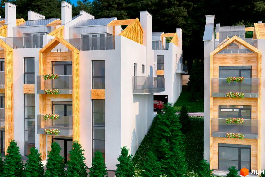 Житловий комплекс Royal Estate - фасади будинків з дерев'яними елементами та скляними балконами, зелена прибудинкова територія з деревами.