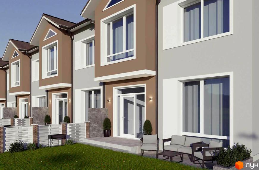 Зображення фасаду будинку в Котеджному містечку КМ вул. Левицького (Кагарлицька) з великими вікнами та терасою з меблями, поруч газон та огорожа.