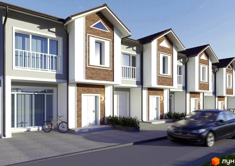Зображення житлового комплексу з двоповерховими будинками з білими фасадами та коричневим дахом. На передньому плані асфальтована дорога та припаркований автомобіль.
