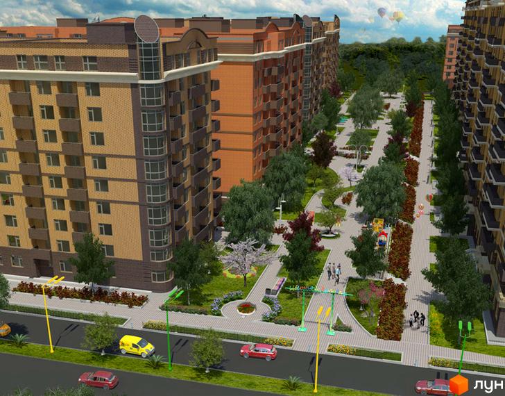 Житловий комплекс Цветной бульвар в Чорноморську. Сучасні багатоповерхові будинки з балконами та зеленою прибудинковою територією з алеями та дитячим майданчиком.