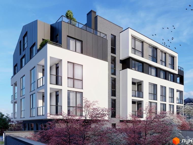 Житловий комплекс Grey House - це сучасна новобудова з білосніжними фасадами, великими вікнами та балконами, оточена квітучими деревами.