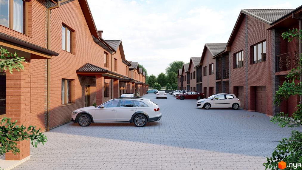Зображення Котеджного містечка Екологічне з фасадом з червоної цегли та припаркованими автомобілями на брукованій дорозі.