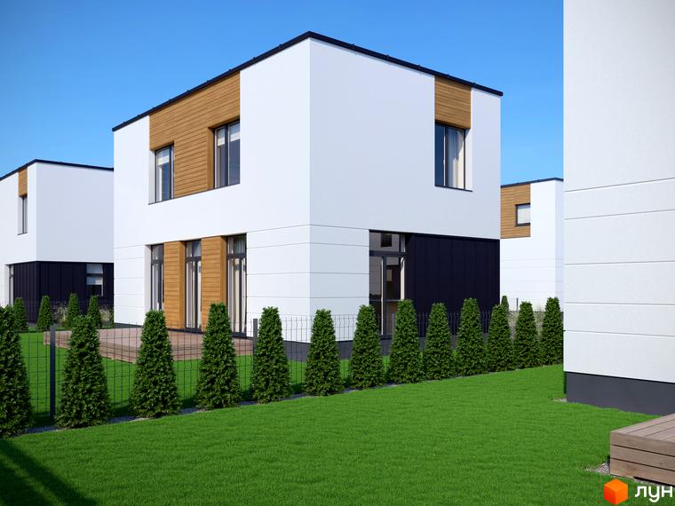 Зображення будинків у Котеджному містечку 10 Families з білими стінами та дерев'яними вставками, перед будинками зелений газон та декоративні дерева.