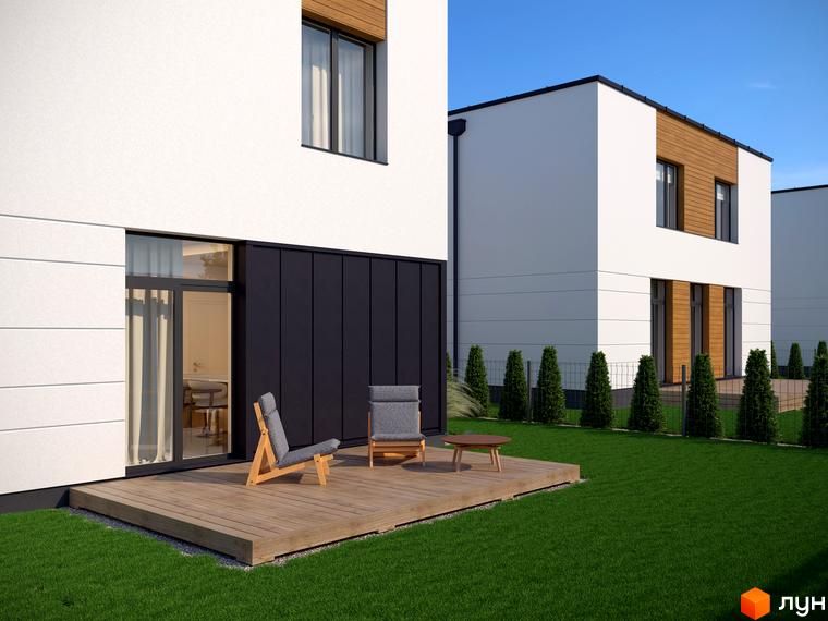 Зовнішній вигляд котеджного містечка КМ 10 Families з білими фасадами та дерев'яними акцентами, з терасою та зеленим газоном.