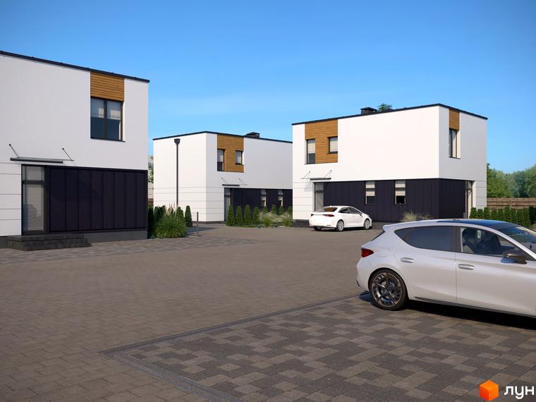 Котеджне містечко КМ 10 Families – це сучасні будинки з білими фасадами та дерев'яними елементами. Територія перед будинками вимощена бруківкою, є місця для паркування.