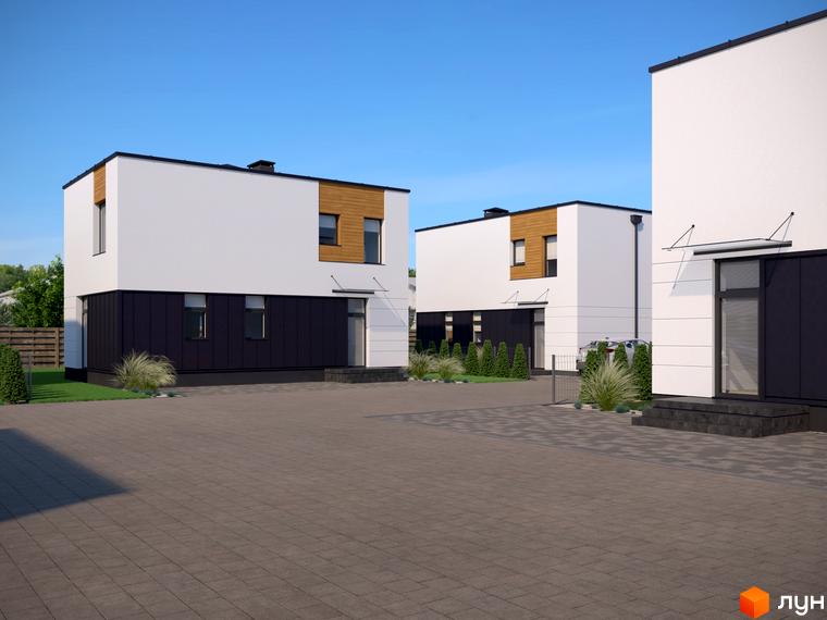 Зображення будинків Котеджного містечка 10 Families з білими стінами та чорним оздобленням, перед будинками сіра бруківка.