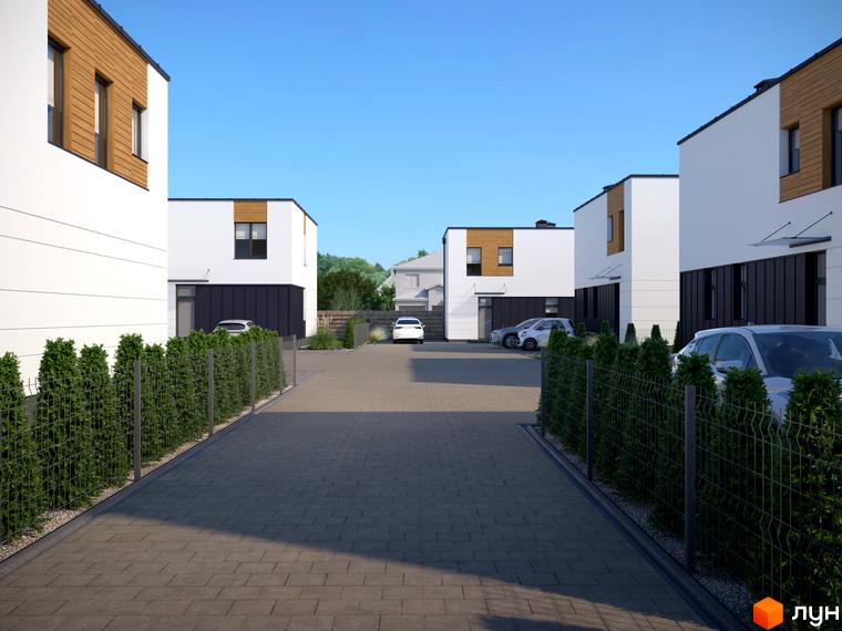 Котеджне містечко КМ 10 Families: фасади будинків з дерев'яними елементами та паркувальні місця. Територія з доглянутими туями та вимощеною доріжкою.