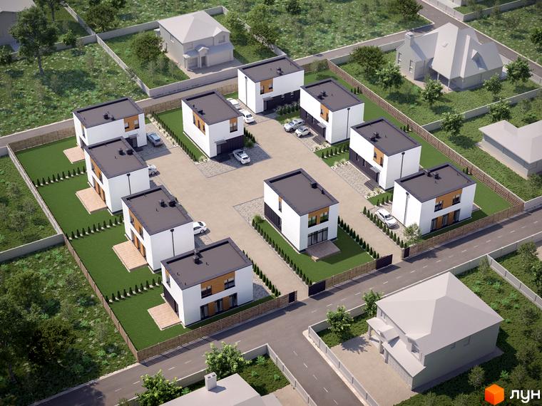 Вигляд зверху на Котеджне містечко 10 Families з двоповерховими будинками з пласкими дахами та зеленими газонами.