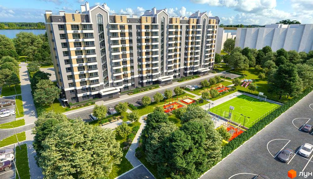 Житловий комплекс Barbara: багатоповерховий будинок з сірими та жовтими фасадами, прибудинкова територія з дитячим майданчиком та спортивним полем.