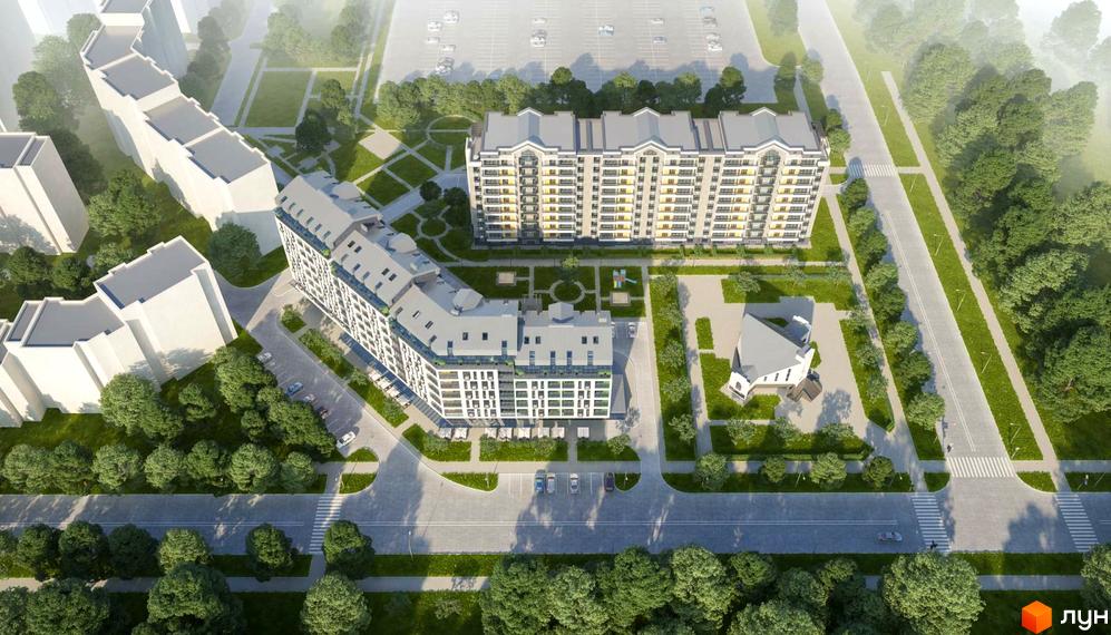 Вид зверху на житловий комплекс Barbara з багаторівневими фасадами та балконами, оточений зеленою прибудинковою територією з деревами та зонами відпочинку.