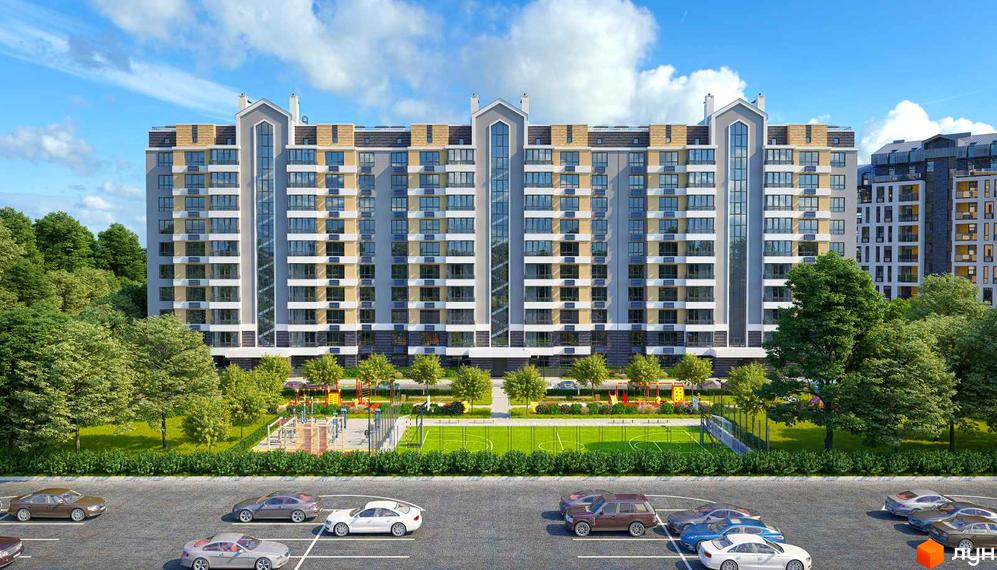 Зовнішній вигляд житлового комплексу Barbara з фасадом сірого кольору та жовтими вставками, а також прибудинковою територією зі спортивним майданчиком та парковкою.