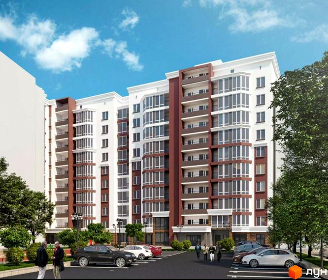 Зображення фасаду багатоповерхового будинку в Житловому комплексі SOFIYA 2 з парковкою та зеленими насадженнями. Вигляд новобудови ззовні.