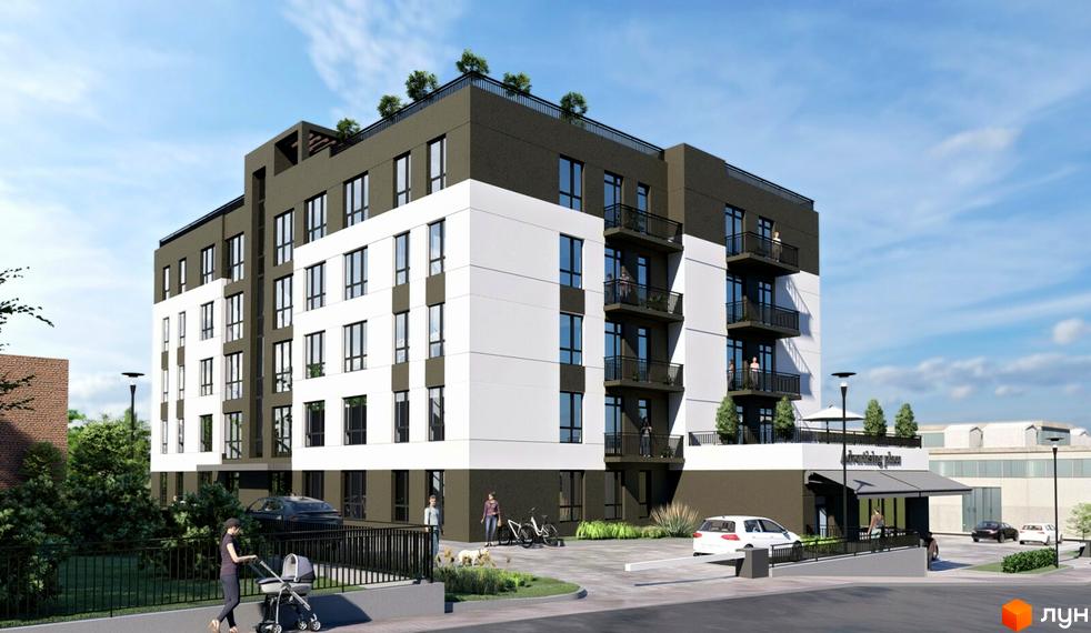 Житловий комплекс Західний: шестиповерхова будівля з темно-сірим та білим фасадом, балконами. Територія має зелені насадження та паркінг.