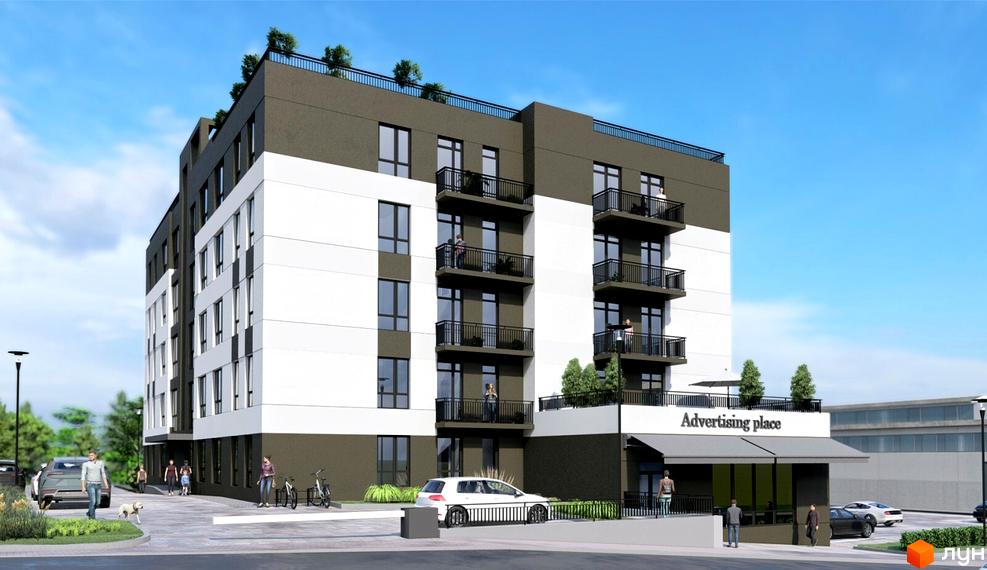 Зображення Житлового комплексу Західний: багатоповерховий будинок з балконами та прилеглою територією, де є парковка та зелені насадження.