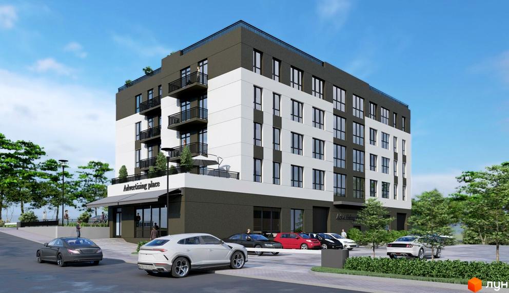 Зображення будинку Житлового комплексу Advertising place з припаркованими автомобілями та озелененням території.