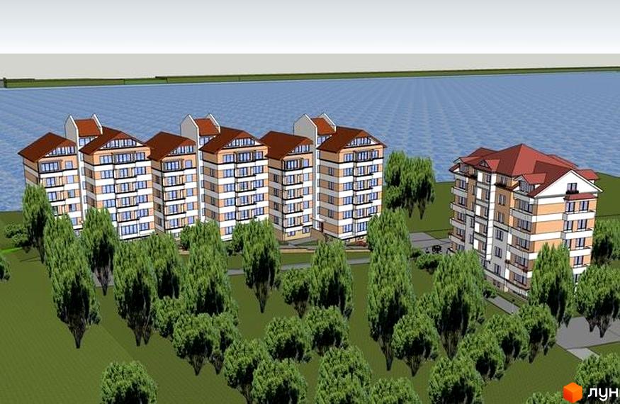 Житловий комплекс Морський: багатоповерхові будинки з коричневими дахами та світлими фасадами, оточені зеленими деревами біля водойми.