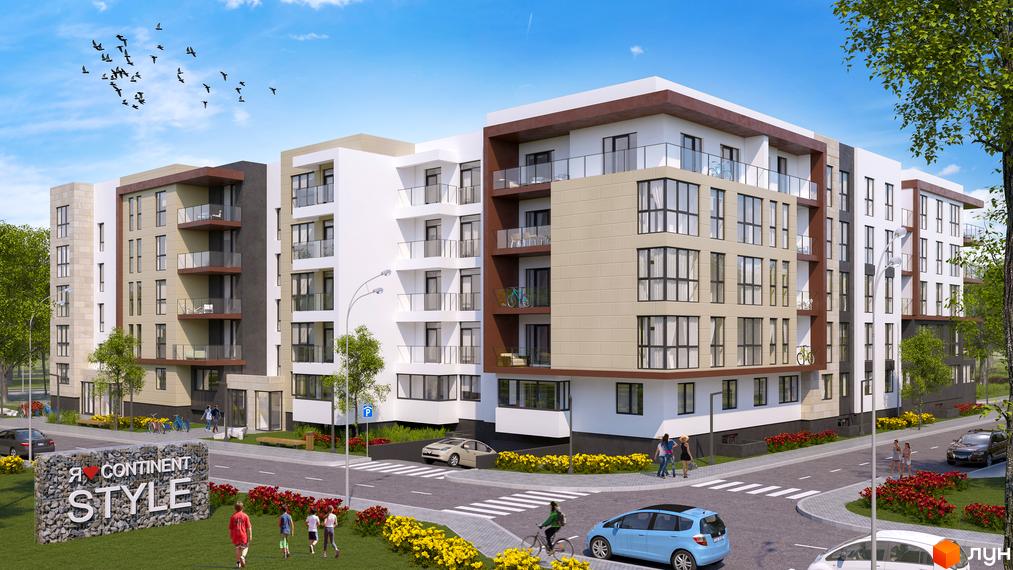 Зовнішній вигляд новобудови ЖК CONTINENT STYLE з великими вікнами та балконами, прибудинкова територія з квітами та пішохідними доріжками.
