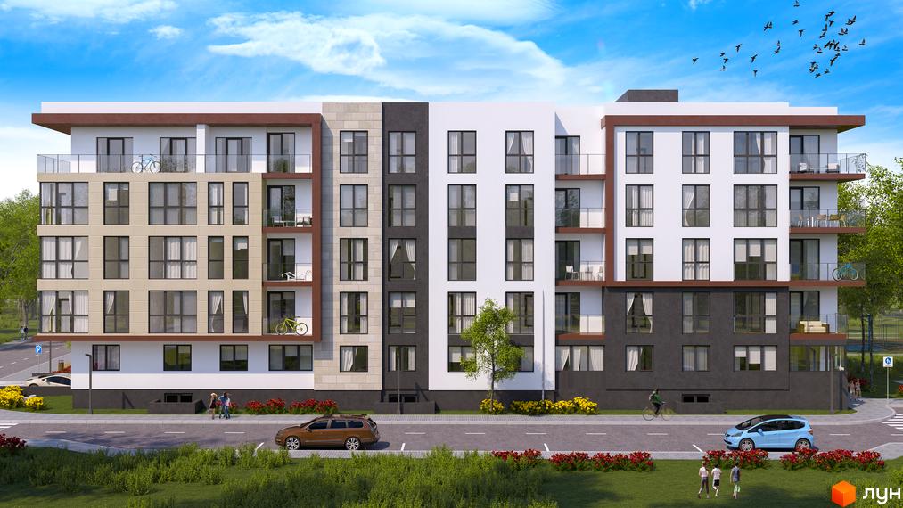 Фасад житлового комплексу CONTINENT STYLE з балконами та вікнами, прибудинкова територія з дорогою та деревами.