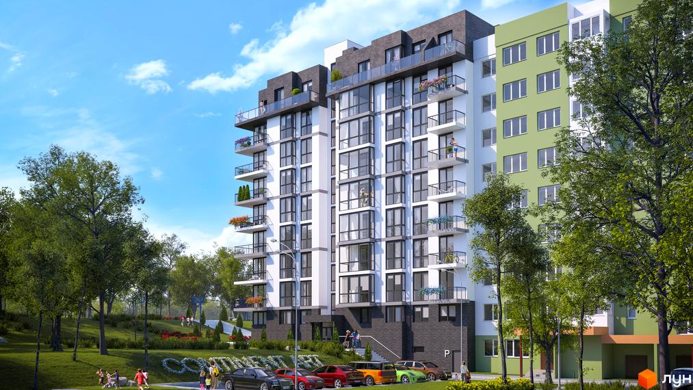 Зовнішній вигляд Житлового комплексу CONTINENT ART з балконами. На передньому плані прибудинкова територія з парковкою та зеленою зоною.