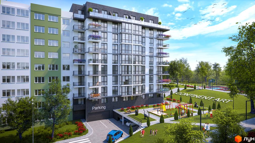 Зображення Житлового комплексу CONTINENT ART з великими вікнами та балконами. На території є дитячий майданчик та зелені насадження.