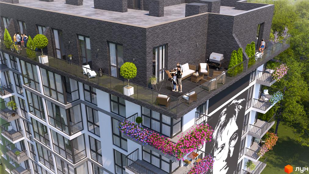Багатоповерховий будинок ЖК CONTINENT ART з терасами та балконами, прикрашеними квітами. На терасах облаштовані зони відпочинку.