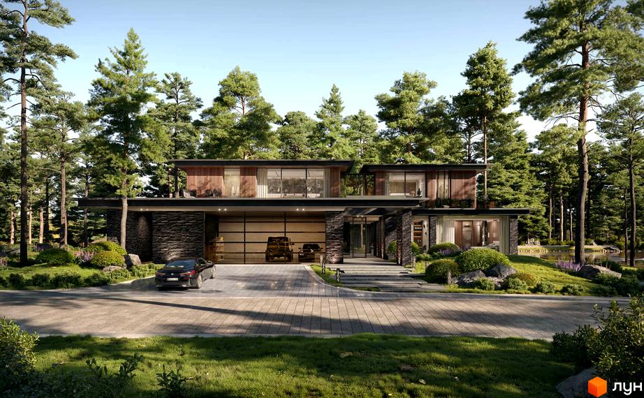 Котеджне містечко Miracle Residence: багаторівневий будинок з темним каменем, великими вікнами та гаражем. Оточений соснами, має бруковану доріжку та водойму.