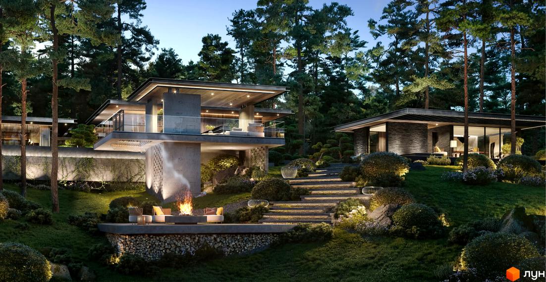 Котеджне містечко Miracle Residence: будинки з великими вікнами та пласкими дахами серед хвойних дерев. Територія має багаторівневий ландшафт з освітленими сходами та зоною відпочинку.