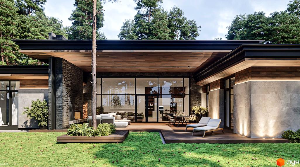 Вигляд будинку в Котеджному містечку Miracle Residence з великими вікнами та дерев'яною терасою. Навколо зелений газон та дерева.