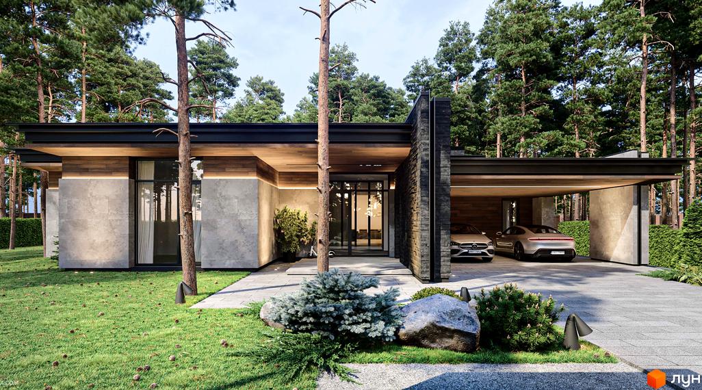 Котеджне містечко Miracle Residence: будинок з дерев'яним оздобленням, кам'яним фасадом та навісом для авто. Прибудинкова територія з газоном та соснами.