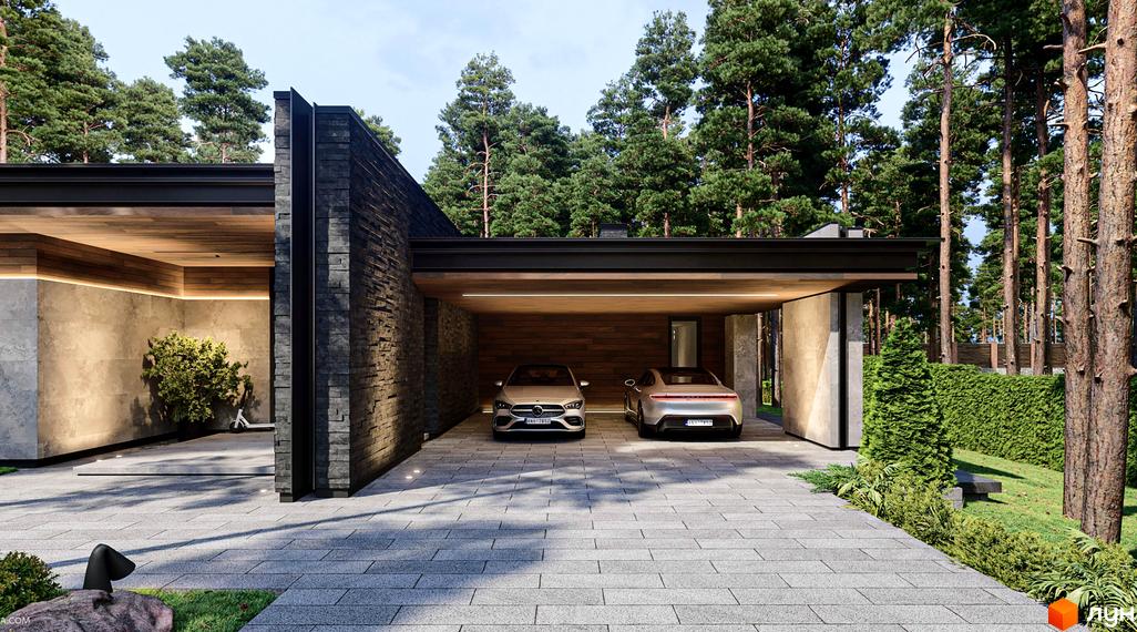 Зображення будинку в Котеджному містечку Miracle Residence з гаражем на дві машини. Навколо будинку зелені дерева та кущі.