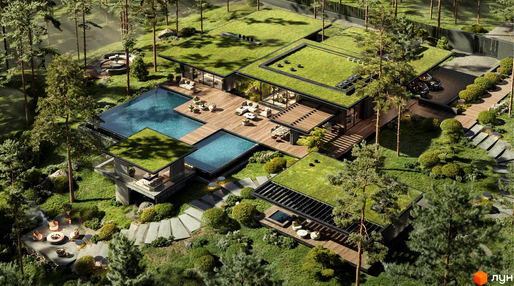 Зображення Котеджного містечка Miracle Residence з басейнами та зеленими дахами. Вид зверху на ландшафтний дизайн території.