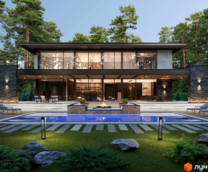 Зображення будинку в Котеджному містечку Miracle Residence з басейном та зеленим газоном. Двоповерхова будівля з великими вікнами.