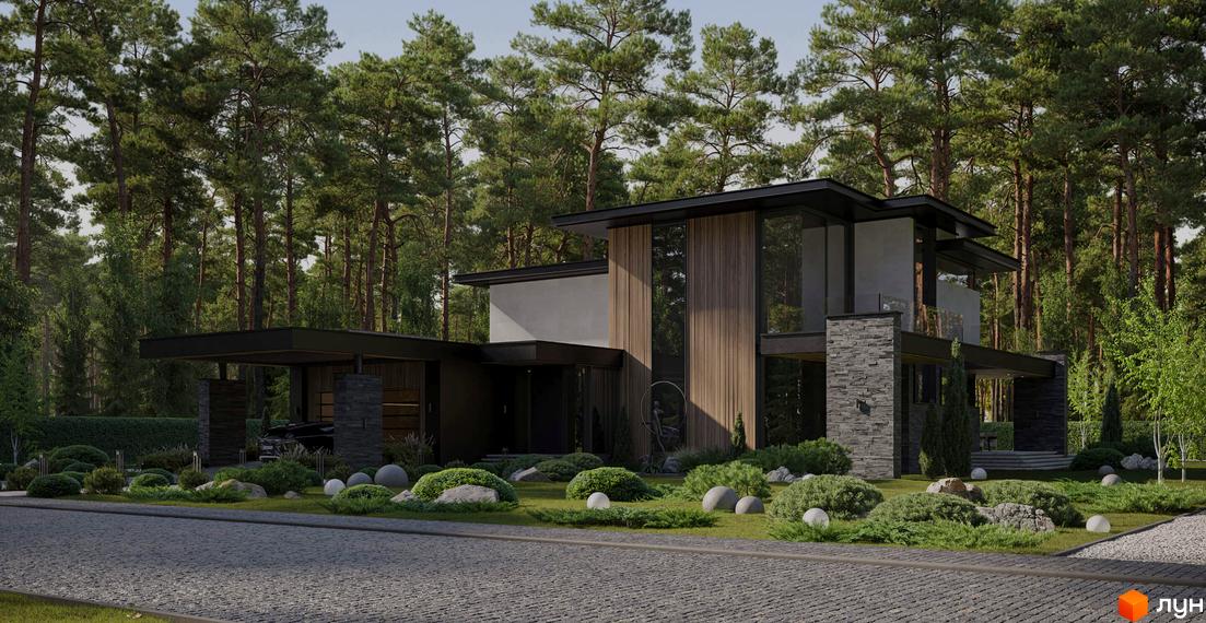 Будинок Котеджного містечка Miracle Residence з темним каменем, дерев'яними панелями та великими вікнами, оточений зеленим ландшафтом з кущами та камінням.