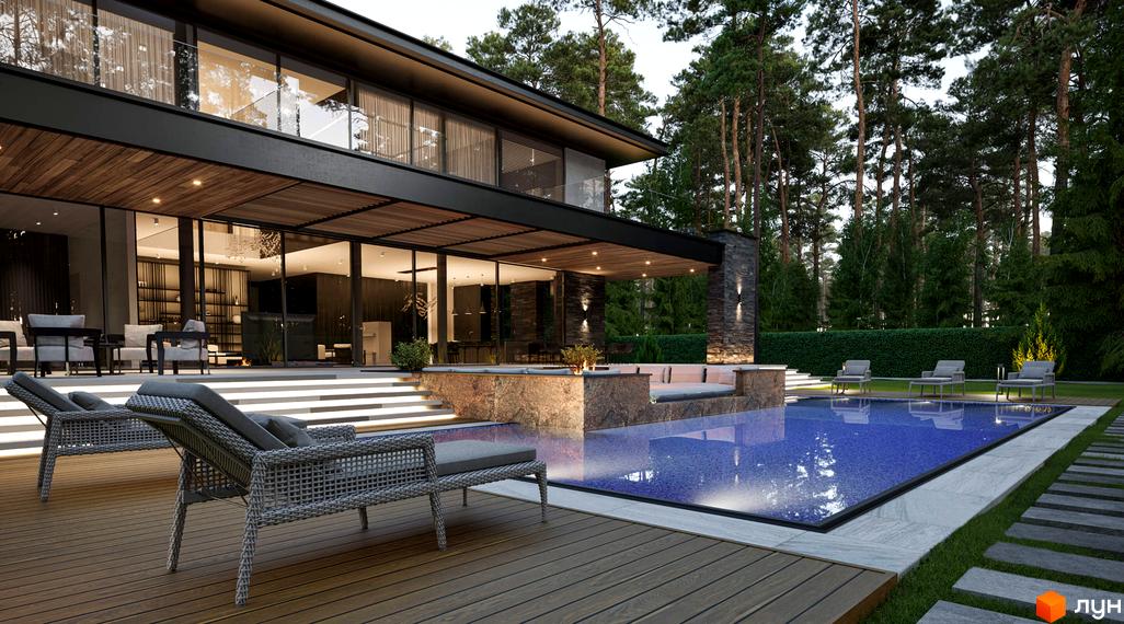 Котеджне містечко Miracle Residence: Дворівневий будинок з панорамними вікнами та дерев'яним оздобленням, басейн і тераса з лежаками.