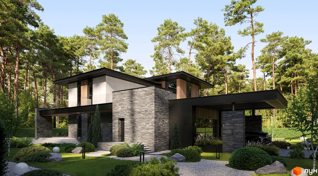 Зображення будинку в Котеджному містечку Miracle Residence. Навколо будинку зелені насадження та доглянутий газон.